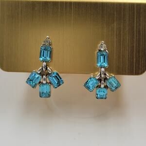 Vintage Bogoff Rhinestone Clip-On Dangle Earrings Set Aqua‎ Blue Silvertone